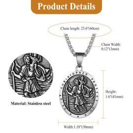 Flongo Saint Christopher Necklace for Men: Cross Saint Christopher Locket Black Gold Pendant Saint Anthony Symbol Travel Protection Catholic Religious Chain Lucky Charm Protection Amulet