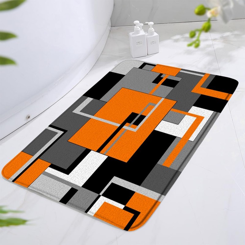 Orange Bath Mat Black White Grey Geometric Abstract Mid Century
