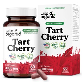 Wild & Organic Tart Cherry Capsules 600 mg - Uric Acid Support - Tart Cherry Powder Supplement - Prunus Cerasus Fruit Extract - 60 Days of Supply - Vegan, No Fillers, Non-GMO - 60 Count