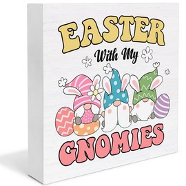 Easter Decor Easter with My Gnomies Wooden Sign, Easter Decorations for the Home, Easter Gnomes Wooden Plaque Block Sign Rustic Home Decor 5 x 5 Inches