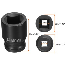 sourcing map 4 Point Square Socket 1/2" Drive 15mm Metric Square Impact Socket CR-MO Blackening Standard Wheel Sockets Pneumatic Socket Tool for Auto Repair Mechanical Maintenance Home Use