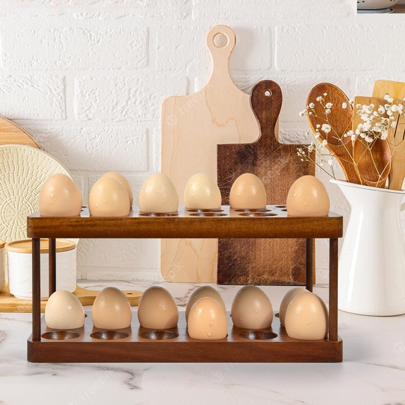 Sishynio Wooden Double Layer Egg Holder - Farmhouse Kitchen Acacia
