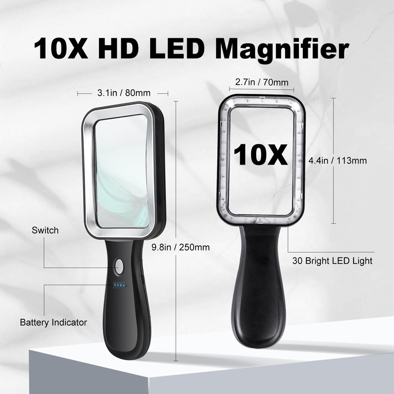 10X Magnifying Glass with Light, Rechargeable Magnifier with 3 Color
