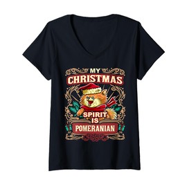 Womens Pomeranian My Christmas Spirit Dog Santa Claus Elf Reindeer V-Neck T-Shirt