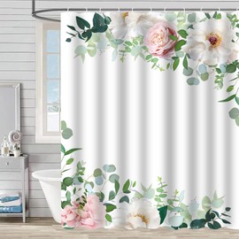 FAIRYGATE B8505 Shower Curtain 180 x 180 cm Flower Motif Anti-Mould Bath Curtain Mould Resistant Textile Bathtub White Pattern Waterproof with 12 Hooks