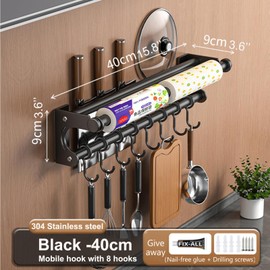 VaNaeni Hanging Wall Mount Knife Wall Mount,Kitchen Utensil Hanger,Space-Saving Kitchen Utensil Rack with Hooks,Kitchen Storage Shelf for Utensils Spatula Spoon, Easy to Clean (Black, 40CM+8Hook)