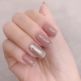 Press On Nails Long Medium Coffin Fake Nails Full Cover Glitter French Tip Fake Nails with Glossy Acrylic False Nail for Women and Girls 24Pcs