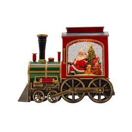 Victory Creative Christmas Holiday Illumination Santa & Xmas Tree in Train Musical Water Globe 7.75" H x 9.5" x 3" Glitter Spinner Battery Operated Timer & USB Xmas Snow Globe Light Up Home Decor