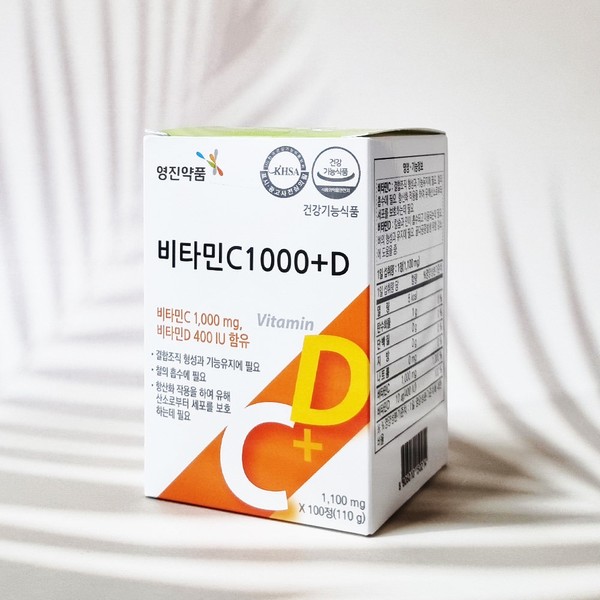 Youngjin Pharmaceutical Vitamin C 1000+D 1100mg / 영진약품 비타민C 1000+D 1100mg X 100정 비타민 C D 여성 남성 데일리 영양제, 2통(200정)