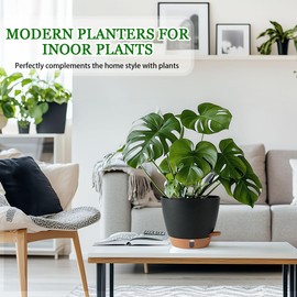 Fielda 2 Pack 8 Inch Pots for Plants Indoor, Plastic Self Watering Planters with Drainage Holes, Water Level Indicator & Deep Reservoir, Decorative Flower Pots Indoor Outdoor Use (Black