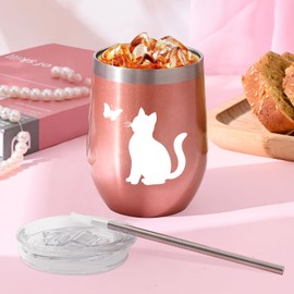 Livole Cat Goods, Present, Women's, Tumbler, Heat Retention, Cold Insulation, Includes Lid, Straw, 11.8 fl oz (350 ml), Stainless Steel, Cute, Gift (Rose Gold)