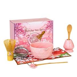 8pcs Matcha Set Whisk and Bowl kit Matcha Gift Set Includes Bamboo Whisk Ceramic Bowl with Pouring Spout Spoon Sifter Spoon Starter Holder Starter (Pink)