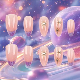 Purple French Tips Press on Nails 24Pcs Glossy Gold Stars Acrylic Fake Nail Ombre Medium Almond False Nails Gradient Gel Glue on Nail Rhinestones Stick on Fingernails for Coquette Women Girls