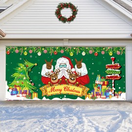 Holkcog Green Christmas Garage Door Decorations, 16 x 7 Ft Santa Claus Garage Door Cover Backdrop Banner, Large Merry Christmas Banner for Indoor Outdoor Christmas Decorations