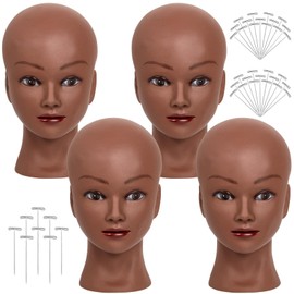 Pinkunn 4 Pcs Bald Mannequin Head Brown Female Head for Wigs Doll Wig Head for Professional Cosmetology Face Makeup Wig Making Display Wigs Hats Eyeglasses Head with T Pins (Dark Brown 21 Inch)