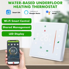 Wattive Smart Underfloor Heating Thermostat WiFi Room Thermostat for Water Underfloor Heating Programmable LED Digital Heating Thermostat Compatible with Alexa, Google Home, Smart Life, 230 V, White