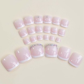 French Tip Press on Toenails Square Fake Toenails Pink Toe Nail Press ons Rhinestone Full Cover Short Acrylic Toenails Cute Artificial Toenails Beach Glue on Toenails for Women Girls Manicure 24PCs