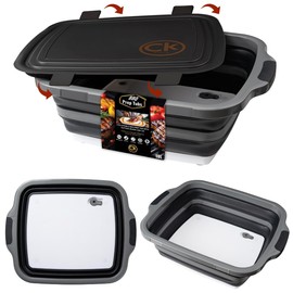 New LARGE Collapsible BBQ Prep Tub wtih LOCKING Lid & Drain Hole | 4.22 Gal / 16L Cutting Board | BPA-Free, Food-Grade, Recyclable, Space-Saving Caddy for Grilling, Camping, Kitchen & Outdoor Cooking