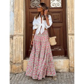 JENJON Women's Skirt Long Printed Casual High Elastic Waist Boho Flowers Sleeveless Tube Summer Skirt Beach Dresses, A-Pink