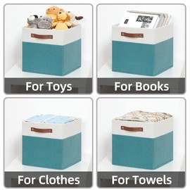 HNZIGE Storage Cubes Bins for Organization Set of 4, Fabric Storage Cube 12 x12, Collapsible Storage Bins Basket Cube with Handles, Canvas for Organizing Shelf Home Nursery(Teal White)