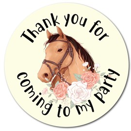 40mm Horse "Thank You for Coming to My Party" Round Birthday Horse Riding Stickers (24 x Stickers)