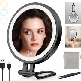 Travel Makeup Mirror with Lights,3000mAh Rechargeable 1X/10X Magnifying Mirror with Light, 7" Portable Lighted Beauty Mirror, Make Up Mirrors with 3 Light Colors, Dimmable Tabletop Handhold Hanging