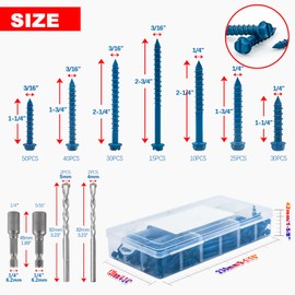 RURITKIT 200Pcs Concrete Screws with Drill Bit and Driver bit, 3/16" 1/4" Hex Head Concrete Cement Screws Assortment Kit for Anchoring to Masonry, Block or Brick Stucco, Length 1-1/4" to 2-3/4"