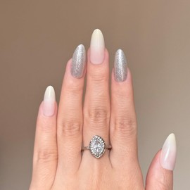 Fomkrio White Omber and Silver Glitter Medium Press On Nails Almond Acrylic Fake Nails with Designs Spring Summer Nails for Women Girls, 15 Sizes - 30Pcs Manicure Nail Kit