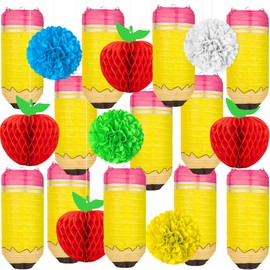 20Pcs Pencil Hanging Paper Lanterns Welcome Back to School Classroom Apple-Shaped Honeycomb Paper Balls Decorations for First Day of School Party Supplies Decor