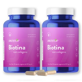 LIV NUTRITION | Biotina Con Colágeno 400 Mg | 60 Cápsulas Veganas Sin Gluten Y Sin Azúcar | Pack 2 Frascos Con Tapa De Seguridad | Suplemento Alimenticio 100% Natural | 2 Meses De Rendimiento