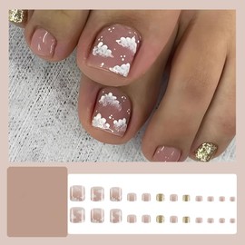 24Pcs Summer Press on Toenails Short Square, ZIFANHU Pink Fake Toe Nails Press ons Gold Glitter Nail Tips Full Cover Acrylic False Toenails with Cute Cloud Design Glue Stick on Nails for Women