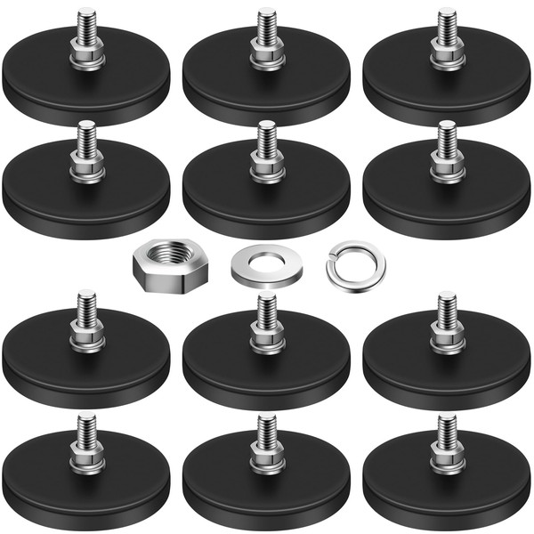 DIYMAG 12Pcs Rubber Coated Magnets，30LBS Neodymium Magnet Base with M5 Threaded Magnet with Bolts and Nuts，Strong Magnets Hold The Base for Light Bar Mirror Camera Tool（12 Pack,1.69 Inch）