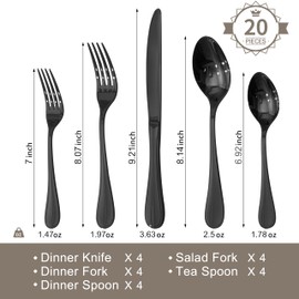 KINGSTONE 20 Piece Teardrop Silverware Set for 4, 18/10 Stainless Steel Flatware Set, Modern Design Cutlery Set for Home/Hotel/Wedding,Mirror Polished and Dishwasher Safe, Black
