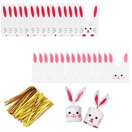 CAVLA 100 Pcs Easter Goodie Bags, Rabbit Ears Design Cute Plastic Gift Bags, Cookie Candy Bags, Birthday Goodie Bags, with 100 Pcs Gold Twist Ties for Easter Children's Day Party Supplies