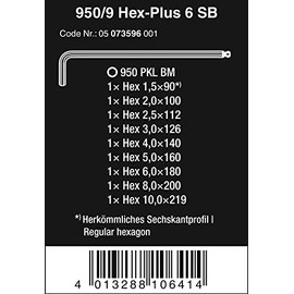 Wera Hexagon 950 PKL/9 BM SB L-Key Set, BlackLaser, Ballpoint llave hexagonal, 9 piezas