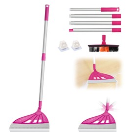 Magic Air Broom with V-Shape Brush, 2 in 1 180° Adjustable Silicone Broom for Floor Cleaning, 60” Long Handle Squeegee Sets to Clean pet Hair, Ketchup, Glass Shards (Pink)