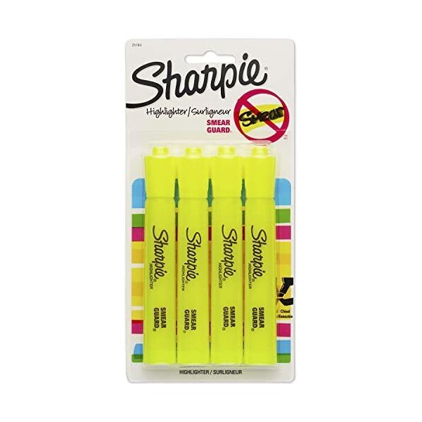 SHARPIE Tank Style Highlighters, Chisel Tip, Fluorescent Yellow, 4 Count