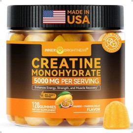 Inner Brightness Creatine Monohydrate Gummies for Men and Women 5000mg Third Party Tested Chews for Muscle Growth Strength Energy Support Sugar-Free Vegan 120 Count Mango Flakes, Mango-Yellow, 1 Count, 120 Tablets / 남성 및 여성용 이너 브라이트니스 크레아틴 모노하이드레이트 구미 5000mg 타사 테스트 완료 근육 성장 근력 에너지 지원을 위한 츄 무설탕 비건 120개 망고 패, 망고-노란색, 1개, 120정