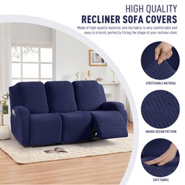 KinCam Recliner Covers, Stretch Reclining Chair Covers, Recliner Sofa Slipcovers Stripe Jacquard Recliner Couch Covers Furniture Protector Covers for Pet Kid (3 Seater, Dark Blue)