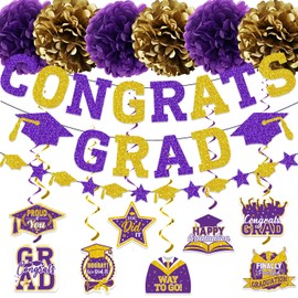 2025 Graduation Decorations, Purple and Gold Glitter Congrats Grad Banner, Grad Garland, Hanging Swirls, Paper Pom Poms for Class of 2025 Graduation Party Decorations