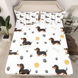 Castle Fairy Cute Dachshund Dog Fitted Sheet King Size,Ball Bones Paw Print Bed Sheet Set Bedroom Decor,House Pet Animal Themed Polyester Bedding Set(1 Fitted,1 Flat,2 Pillowcases)