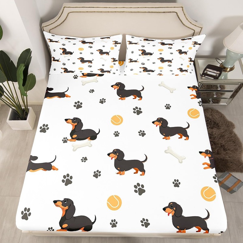 Castle Fairy Cute Dachshund Dog Fitted Sheet King Size,Ball Bones