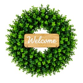 WHANLEY 20 Inch Boxwood Wreath for Front Door with Wooden Welcome Sign, Artificial Greenery Door Wreath for Spring Summer, UV Resistant Farmhouse Wreath for Porch Indoor Outdoor Decor