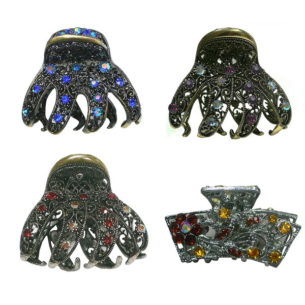 JCGY Set of 4 Crystal Jaw Clips Metal Claws, Antique