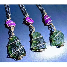 MOLDAVITE & SUGILITE Pendant in Real Gold! 12 Kt Genuine Crystal 19" Necklace. Synergy 12 Tektite Metaphysical Jewelry Meteorite Wire Wrap Stone