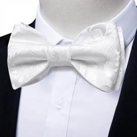 DiBanGu White Bow Ties for Men Self Tied Bow Tie Set with Pocket Square Cufflinks Silk Paisley Bow Tie Wedding