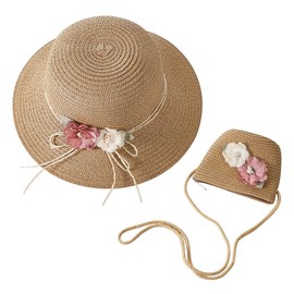 Girls Straw Sun Hat with Mini Crossbody Bag Summer Girls Panama Wide Brim Beach Cap with Flower Decor Foldable Trilby Hat Anti-UV Protection Sun Visor with Chin Strap for Kids 2-4 Years