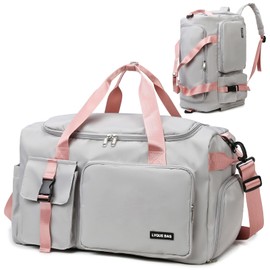 Eslcorri Sports Bag for Men Women, 42L Medium Travel Duffle Bag Backpack with Shoe & Wet Compartment 3 in 1 Gym Bag Duffel Fitness Bag Carrry on Overnight Bag Weekender for Camping Yoga -GrayPink