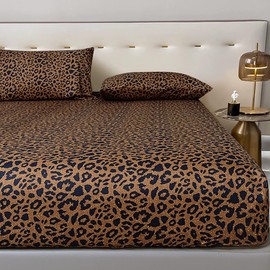 mixinni 100% Soft Microfiber Leopard Pattern Fitted Sheet Bed Sheet Set 15" Deep Pocket Queen Size-1 Fitted Sheet