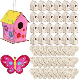 48 Pack Wooden Bird Houses Bulk Butterfly Wood Chips for DIY Unfinished Hanging Birdhouse Kits Wooden Craft Houses to Paint Summer Bulk Craft Family Crafts Party Favor